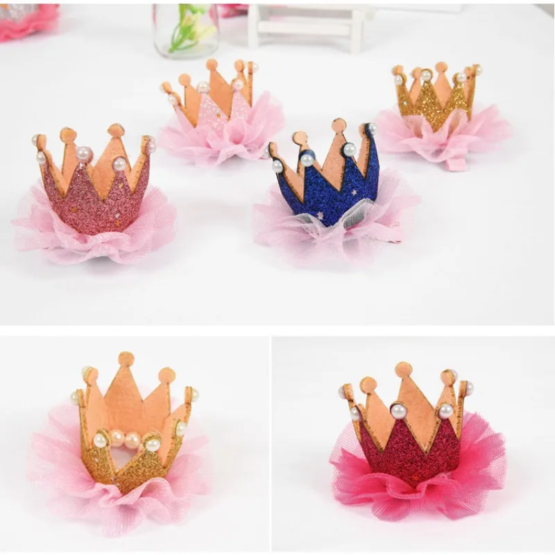 Baby Girls Mesh Mini Crown Lace Pearl Hairpin Princess Sweet Cute Hair Clips Fashion Headwear Pink Gold Crown Kids Accessories