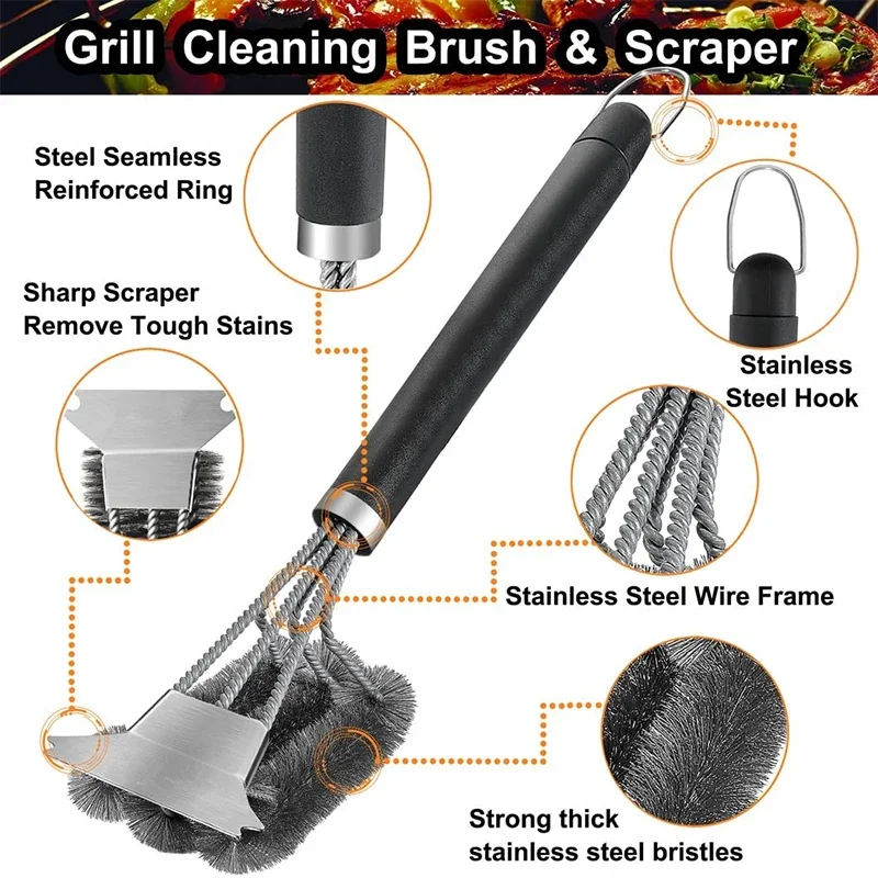 Grill Brush Safe 18 inch Stainless Steel Bristle with Deluxe Handle