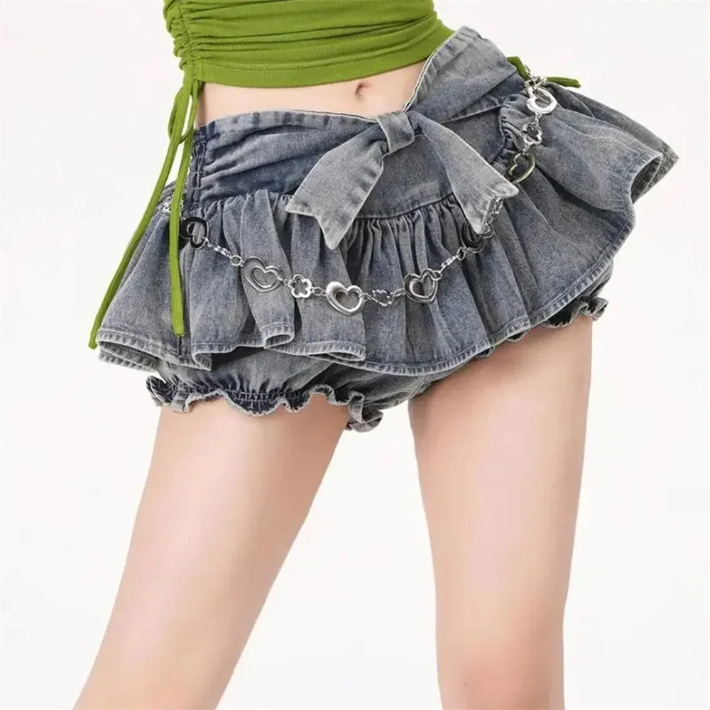 Irregular Y2k Bow Ruffle Kawaii Denim Skirt with Shorts