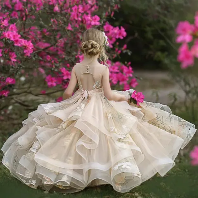 Customized Flower Girl Dress Champagne Sleeveless Tiered Tulle Applique Fit Wedding Princess Dress Holy Communion Birthday Gowns 2