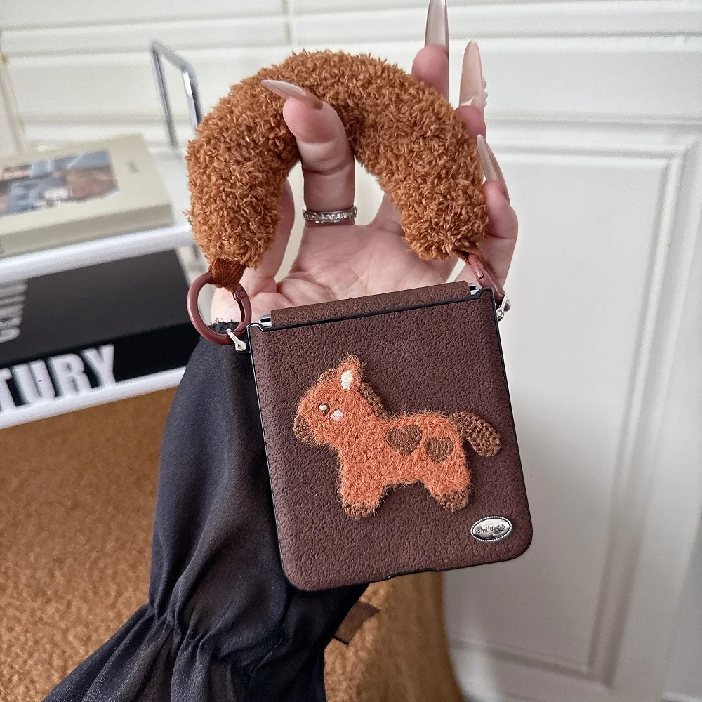 3D Plush Wooden Horse Phone Case with Side Buckle and Plush Chain - Shockproof Protection Cover