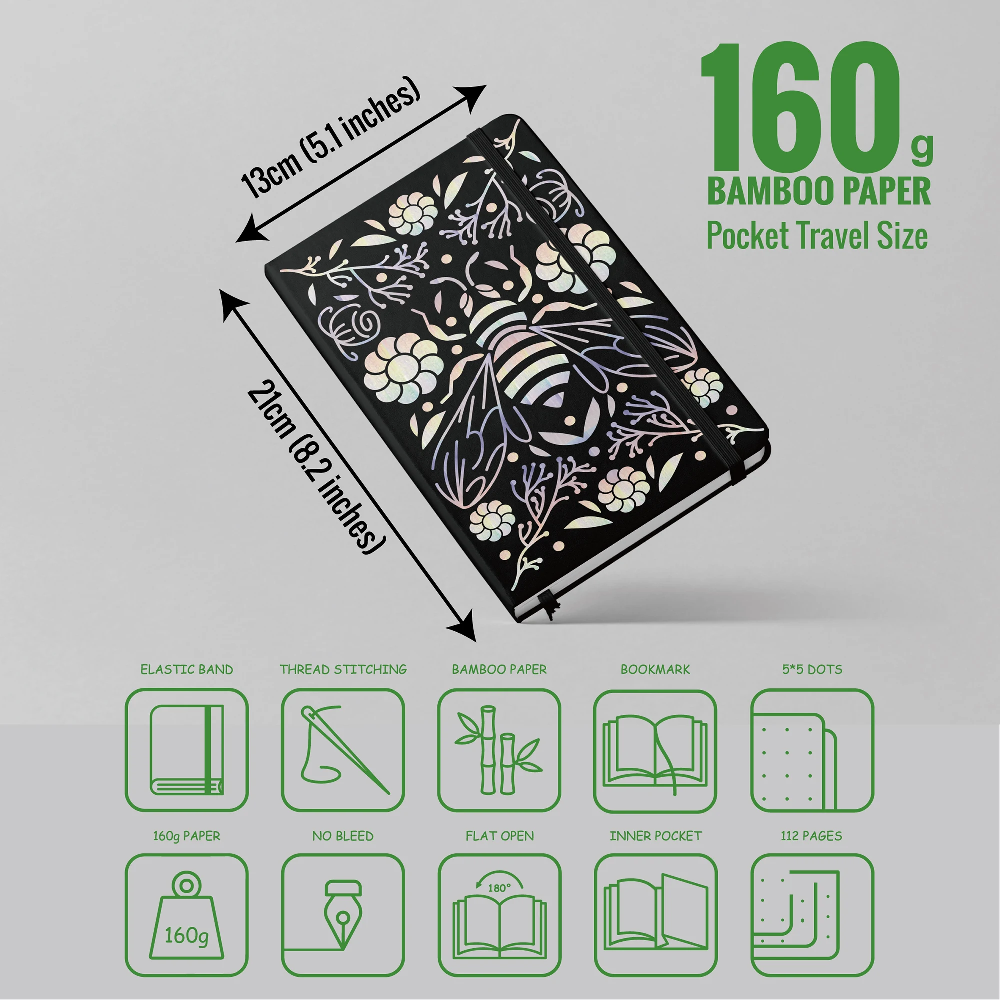 BUJO Bees Dotted Notebook A5 Pocket 5.1x8.2 Inches 160g Bamboo Paper 4