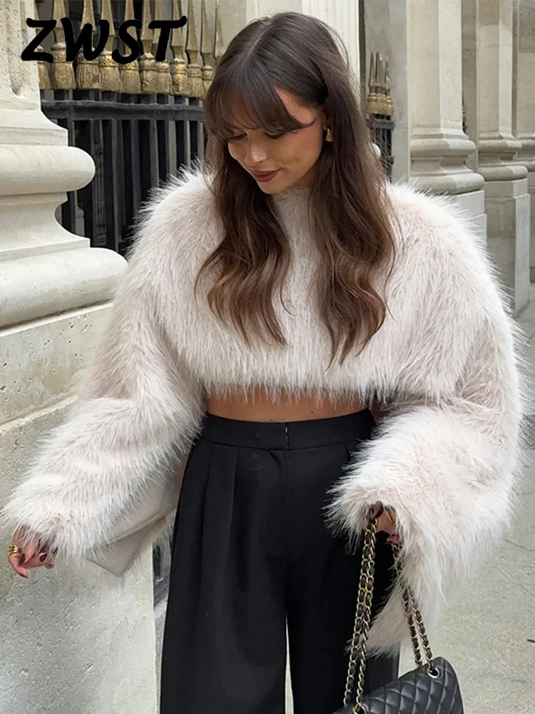Elegant Crop Top Faux Fur Women 2024 Long Lantern Sleeves Thick Coats Female Autumn Winter Fashion Solid Warm Outwears Lady 2