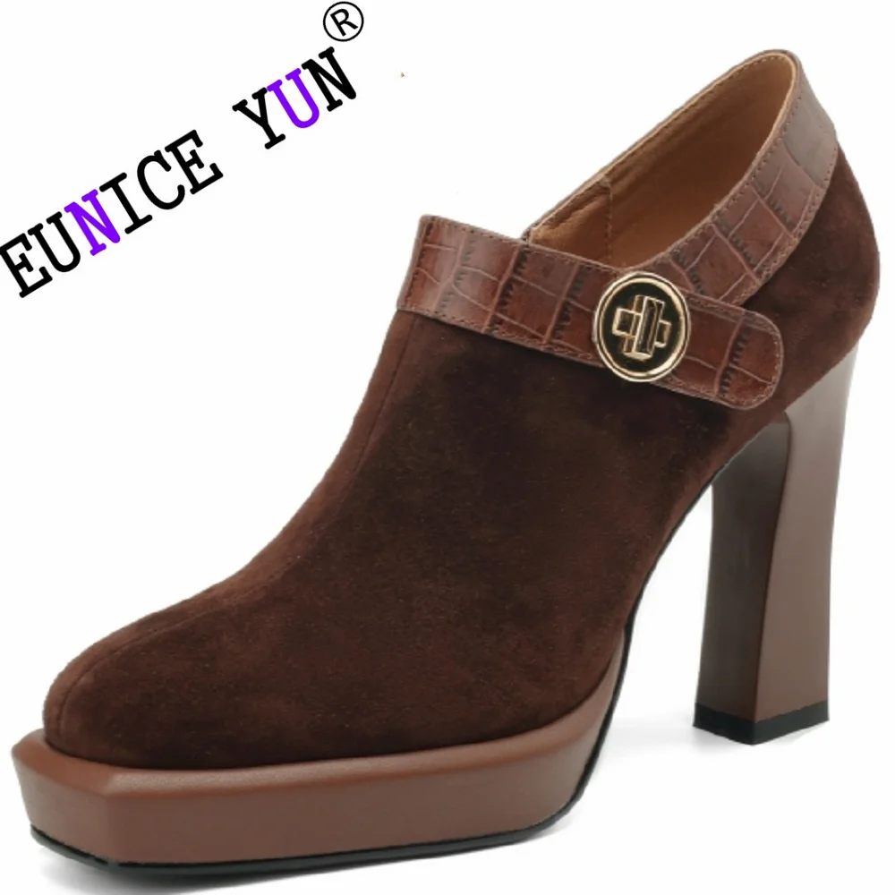 

【EUNICE YUN】New Women Genuine Leather Handmade Shoes Square Toe Pumps for High Heels Ladies Shoes