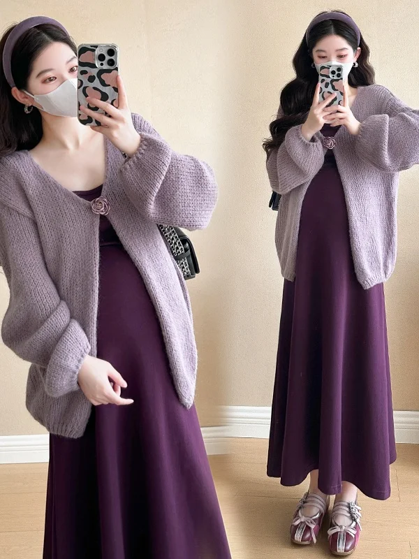 임산부용 봄 긴팔 오픈 가디건 상의 봄 스트랩 드레스 봄 가을 투피스 세트 드레스 캐주얼 코튼 니트