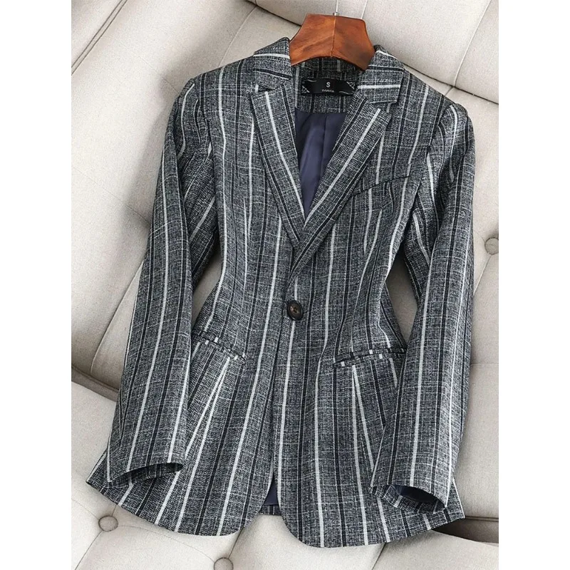 

Gray Blue Striped Women Suit Lady Slim Fit Formal Blazer Female Jacket Long Sleeve Single Button Business Work Wear Coat Outfit