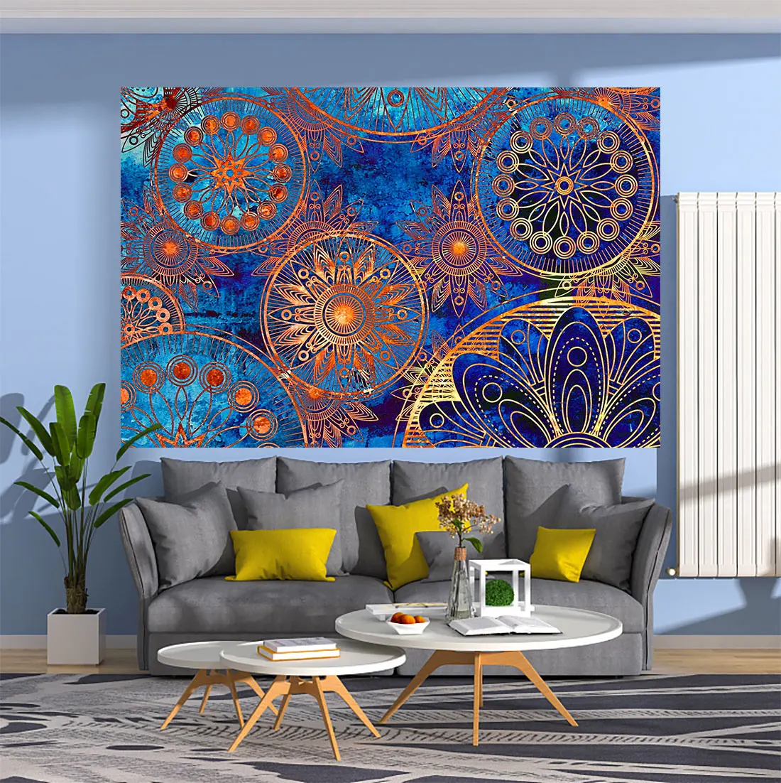 

Elaborate Gold Lace Printed Tapestry Blue Wall Hanging Carpet Highbrow Home Decor Aesthetic Room Decoration