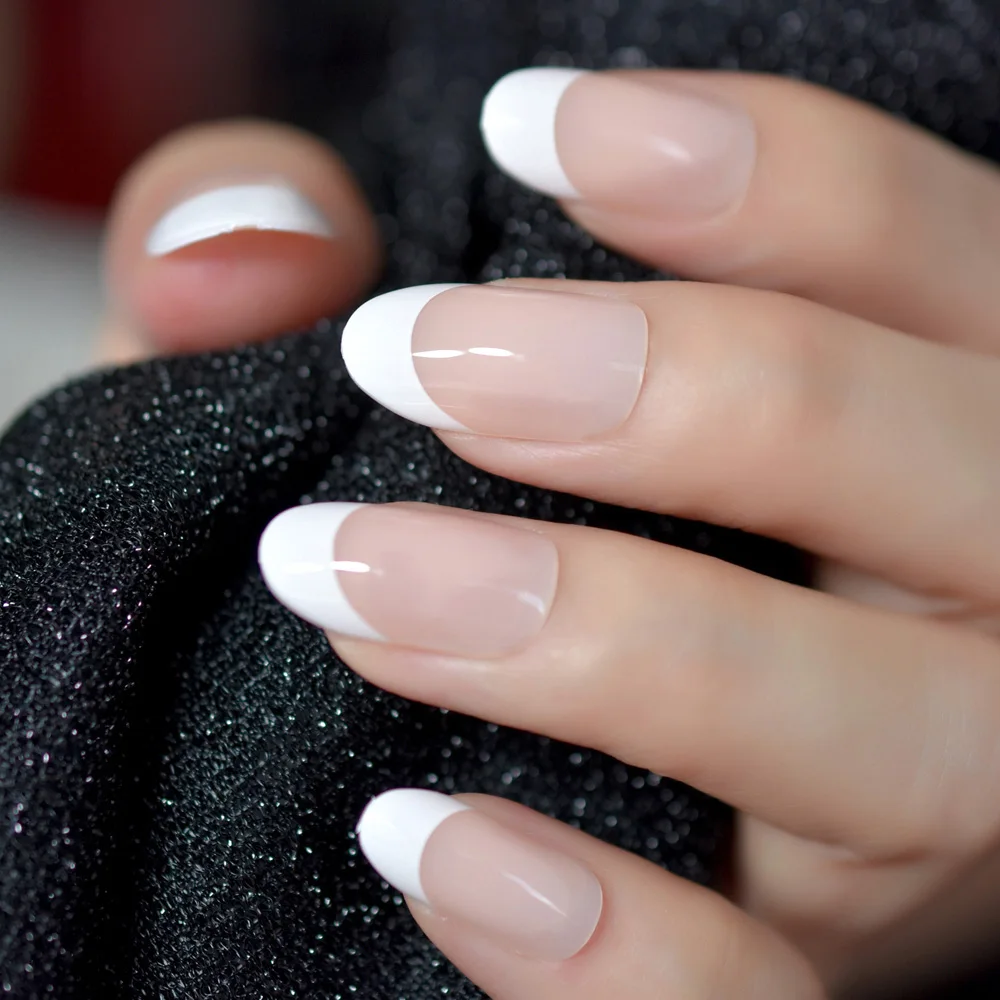 Oval Acrylic French Nail Kit - Medium Length Grace Oval Fake Nails with 24 Tips