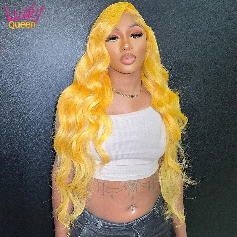 

Lemon Yellow Body Wave 13X6 Frontal Human Hair Wig Pre Plucked 613 Colored Wavy Long 30 Inches 13X4 Transparent Lace Front Wig