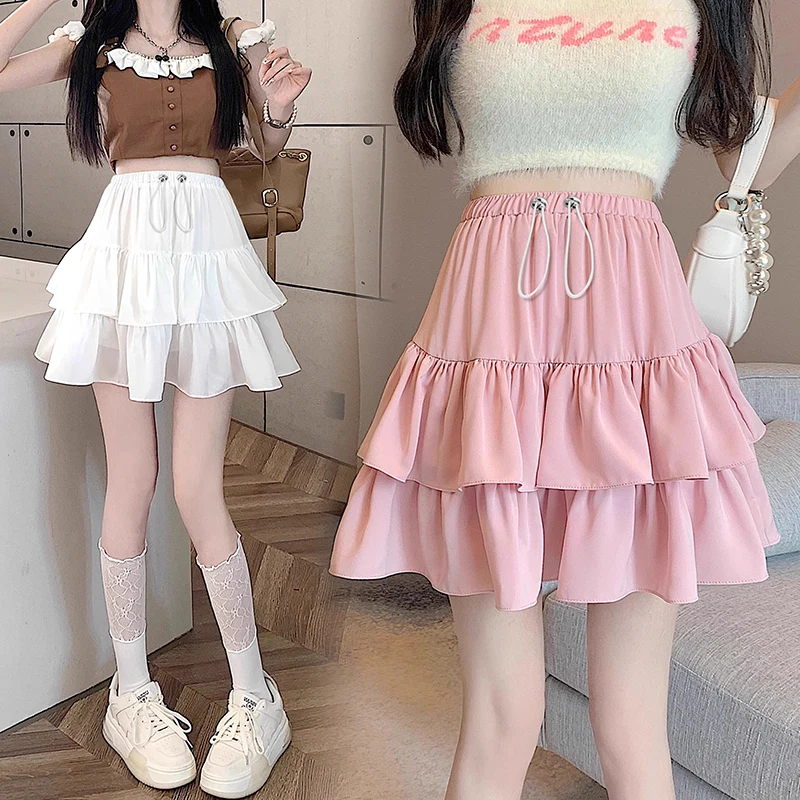 Summer Sweet Pregnant Woman Cake Skirts with Lining Drawstring Waist Ruffles Patchwork Fashion Maternity Ball Gown Skirt
