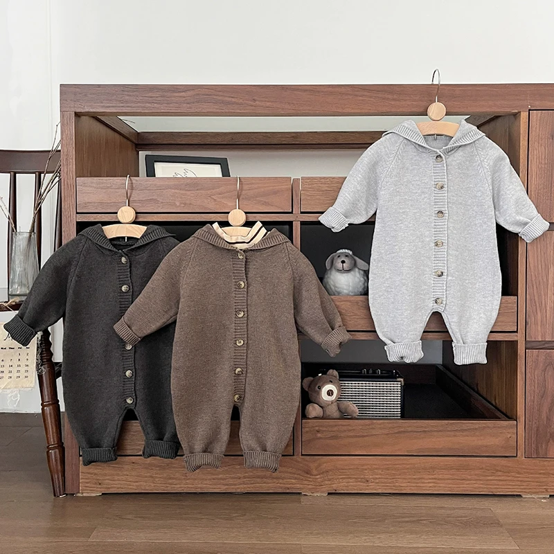 New Autumn Baby Romper Knitted Newborn Girls Jumpsuit Outfit Hooded Toddler Children Clothing Cartoon Bear Ears Knitted Clothing 3