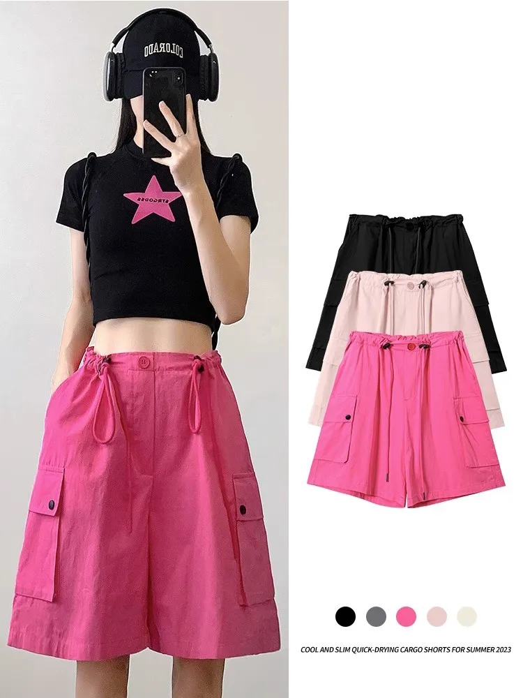 

Шорты-карго GUUZYUVIZ Женские повседневные свободные, уличная одежда Y2k, быстросохнущие спортивные короткие штаны с широкими штанинами, с завязками и карманами, на лето