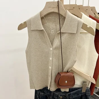 Summer Chic Ice Silk Knitpolo Lapel Thin Slims You And Smooths Your Silhouette Tank Outer Wear Vest Women's Shoulder Vest No Sle 1