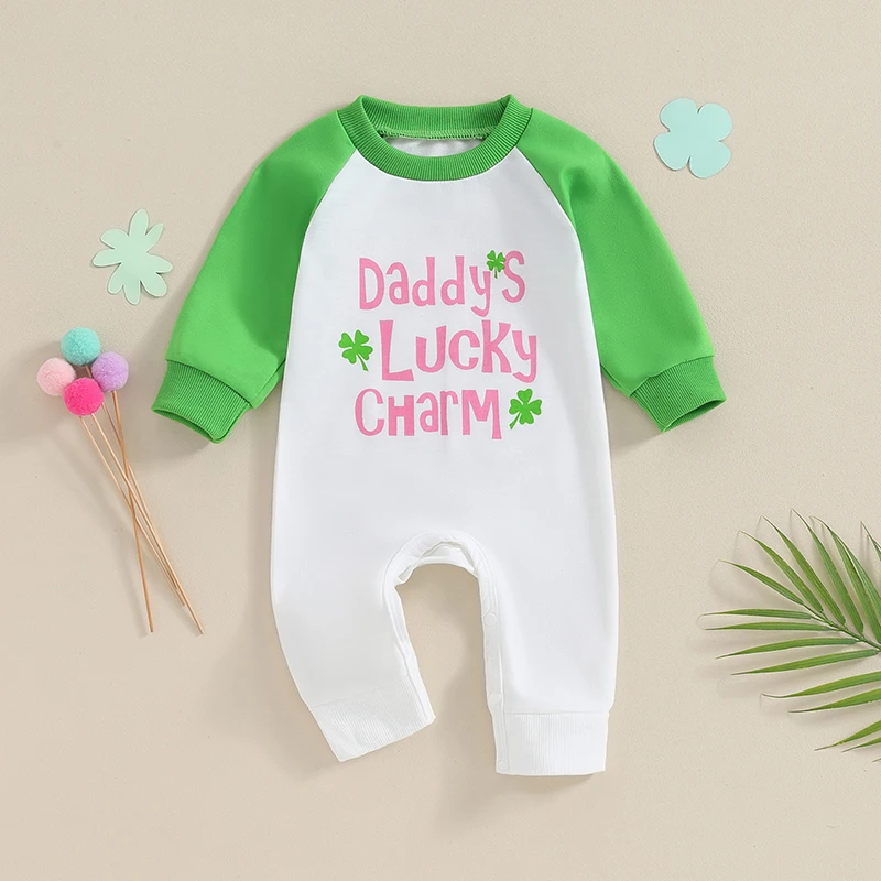 

Baby Girl Boy St. Patricks Day Outfit Long Sleeve Crew Neck Letter Four Leaf Clover Print Sweatshirt Bodysuits Jumpsuit