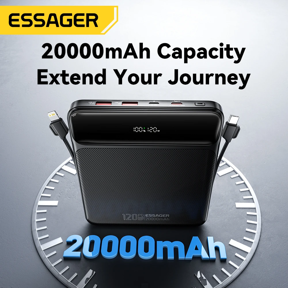 Essager 120W 20000mAh Power Bank with Two Built-in Cables 100W PD Fast Charging For iPhone 16 15 14 Pro Max iPad Macbook Laptop 2