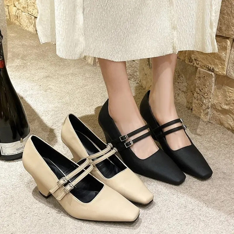 2024 New Arrivals Women Pumps Shallow Slip On Thick High Heels khaki black Belt Buckle Office Pumps Shoes 35-40 English Style