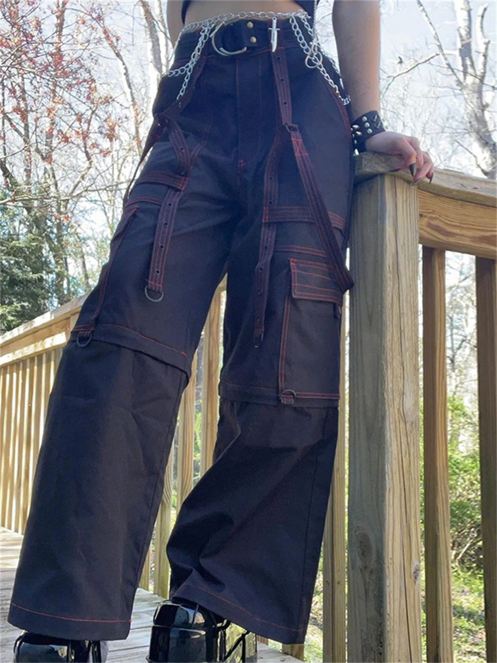 Emo Dark Cyber Y2k Pants Hippie Cargo Bodycon Gothic Punk Alt Baggy Jeans  Rivets Black Women Goth Hip Hop Kpop Academia Pants