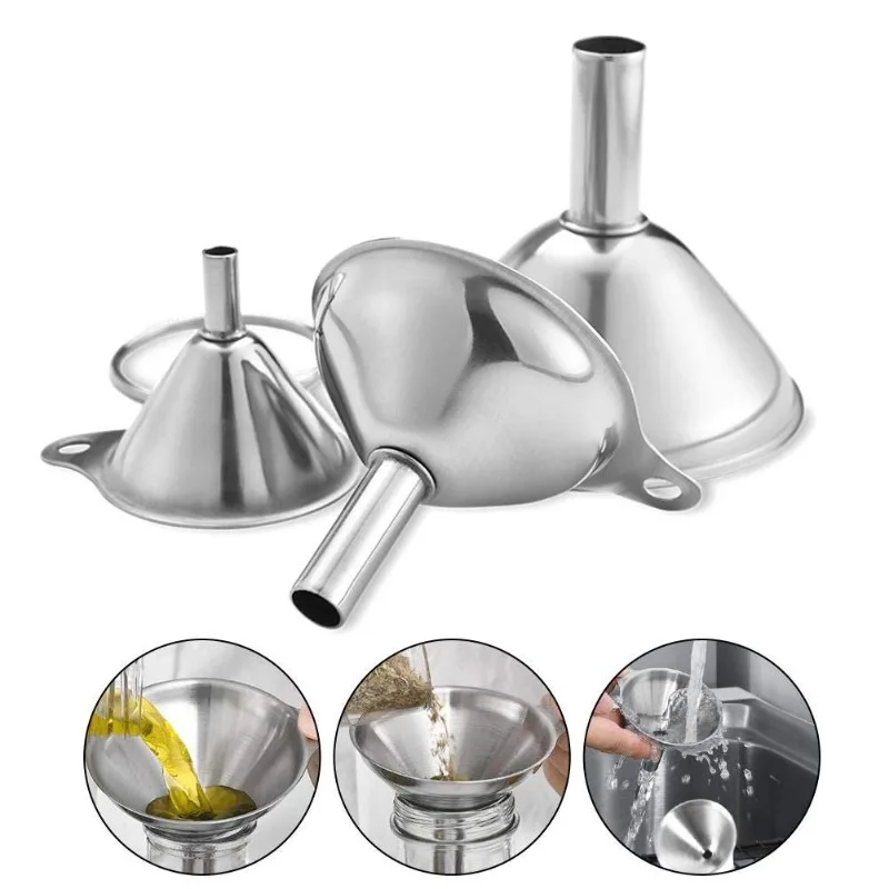 Stainless Steel Funnel Set for Kitchen with Detachable Strainer Large Wide Mouth Metal Funnels for Liquid Oil Juice Seasoning