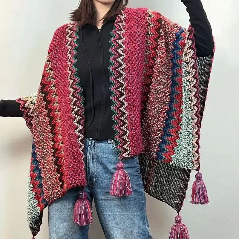 Description Picture 6 of item23 Colors Multicolor Oversize Autumn Poncho Cape Winter Women Knitted Cardigan Long Loose Shawl Vintage Thick Outstreet Knitwear