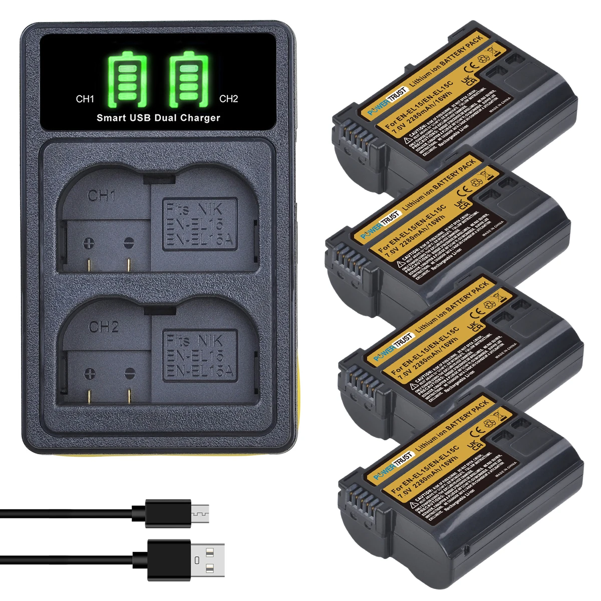 Powertrust 2280Mah En-El15C En-El15 Batteria + Led Usb Dual Charger Per Nikon Z5,Z6,Z6 Ii,Z7,Z7Ii D600 D610 D600E D800,D850
