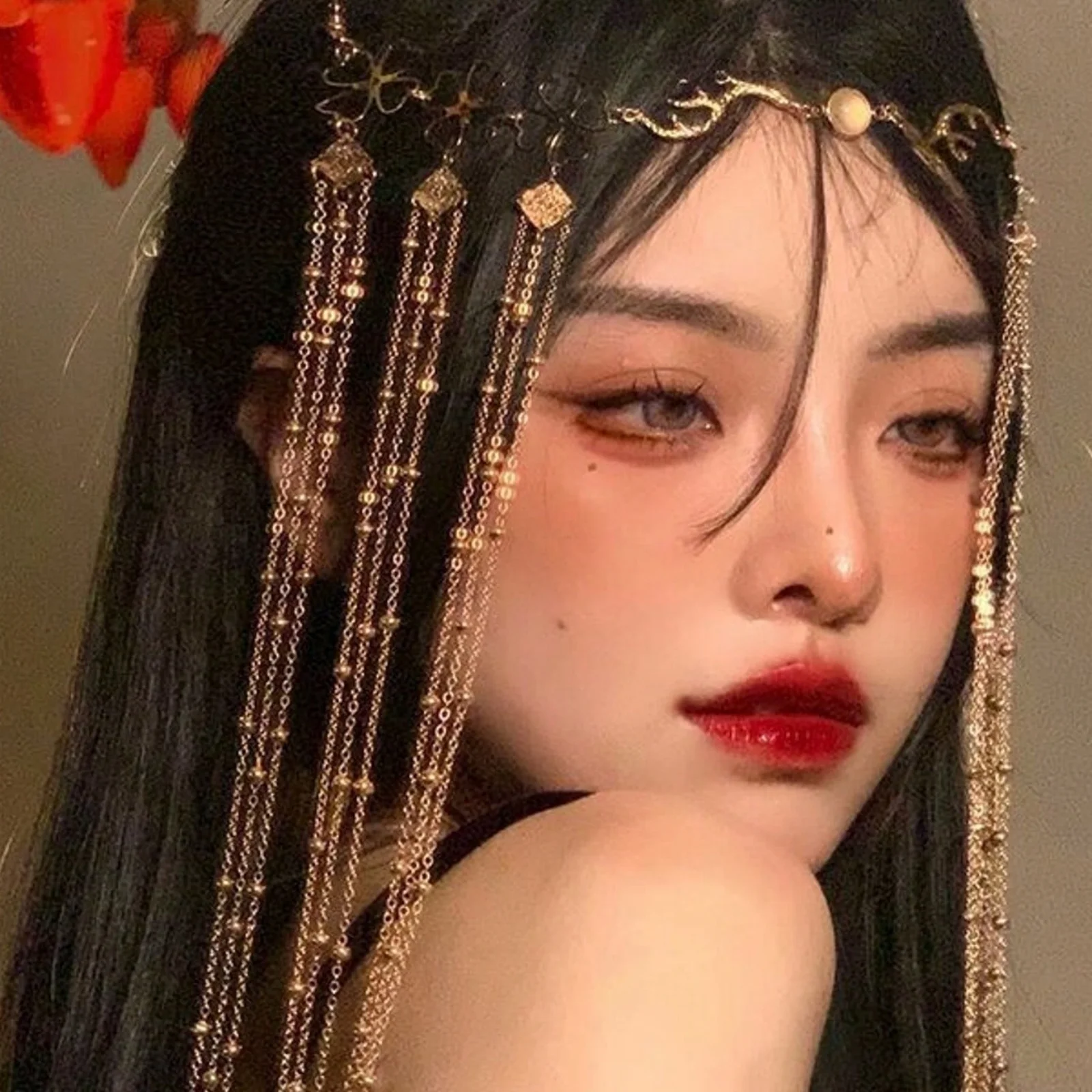 1PC Women's Gold Tassel Head Chain, Bohemian Winter Fall Hair Accessory, Vintage Floral Headpiece With Beaded Chains,Parties