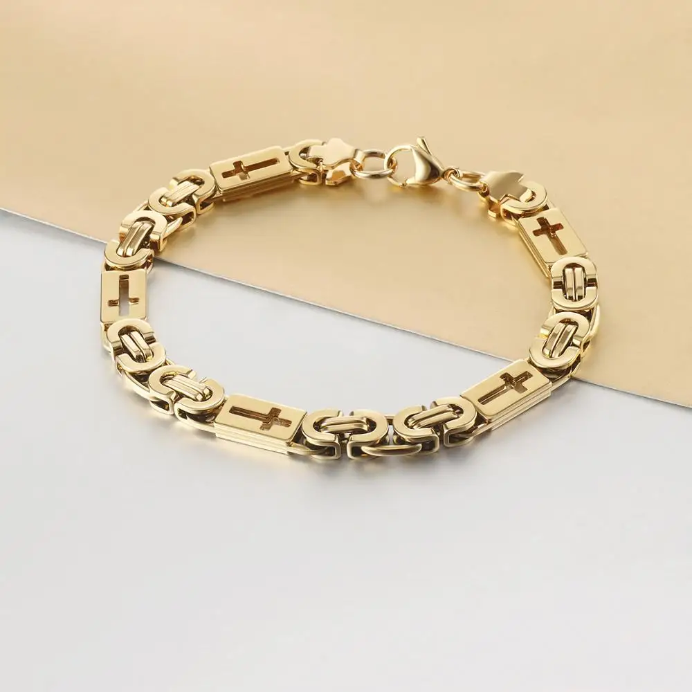 Men Stainless Steel Carved Cross Heavy Link Chain Bracelets Metal Byzantine Wristband Bracelets Religous Jewelry stainless steel bracelet charm bracelet
