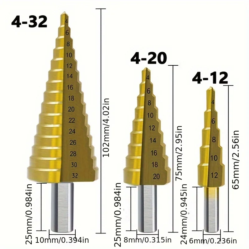 Step Drill Bit 6pcs/set 4-32mm Woodworking Hole Cutter Titanium Coated High-Speed Steel Includes 3mm/6mm/8mm Sawtooth Bit