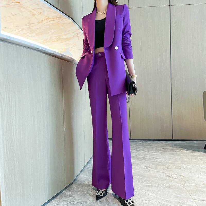 

Spring Women Elegant Career Blazer Suits Sets Fashion Long Sleeve Blazers Coat Jacket Solid High Waisted Flare Wide Leg Pants