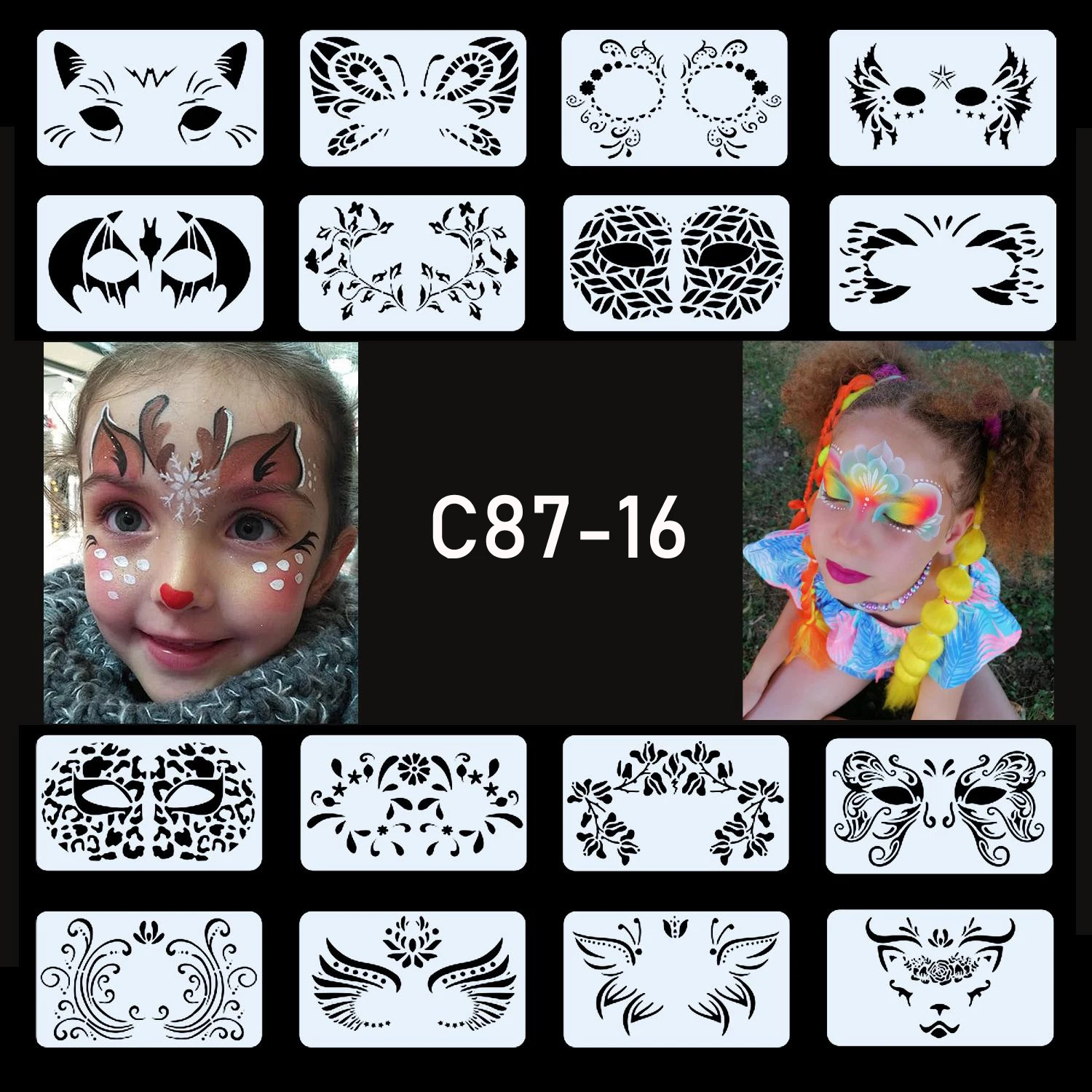 16pcs Body Eye Make Up Face Body Art Reusable Painting Stencil For Halloween Party Tattoos