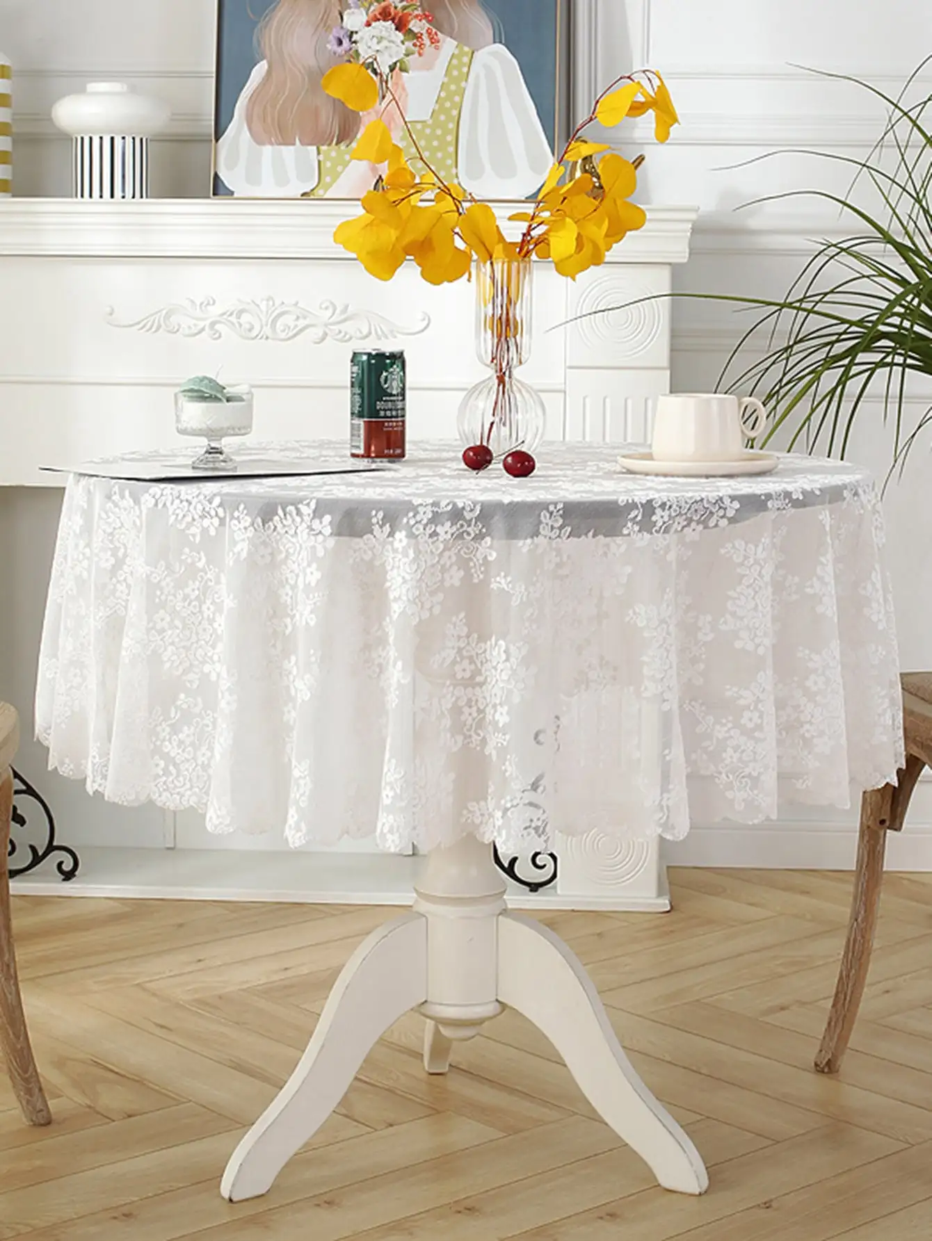 White lace tablecloth round mirror flower vine pattern living room dining table decoration 3