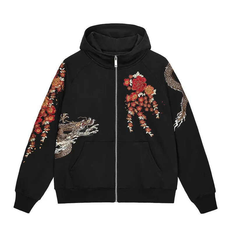 Embroidery Hooded Bomber Jackets Men Dragon Autumn Pilot Jacket Windbreaker Hip Hop Japan Harajuku Baseball Coat Streetwear Male