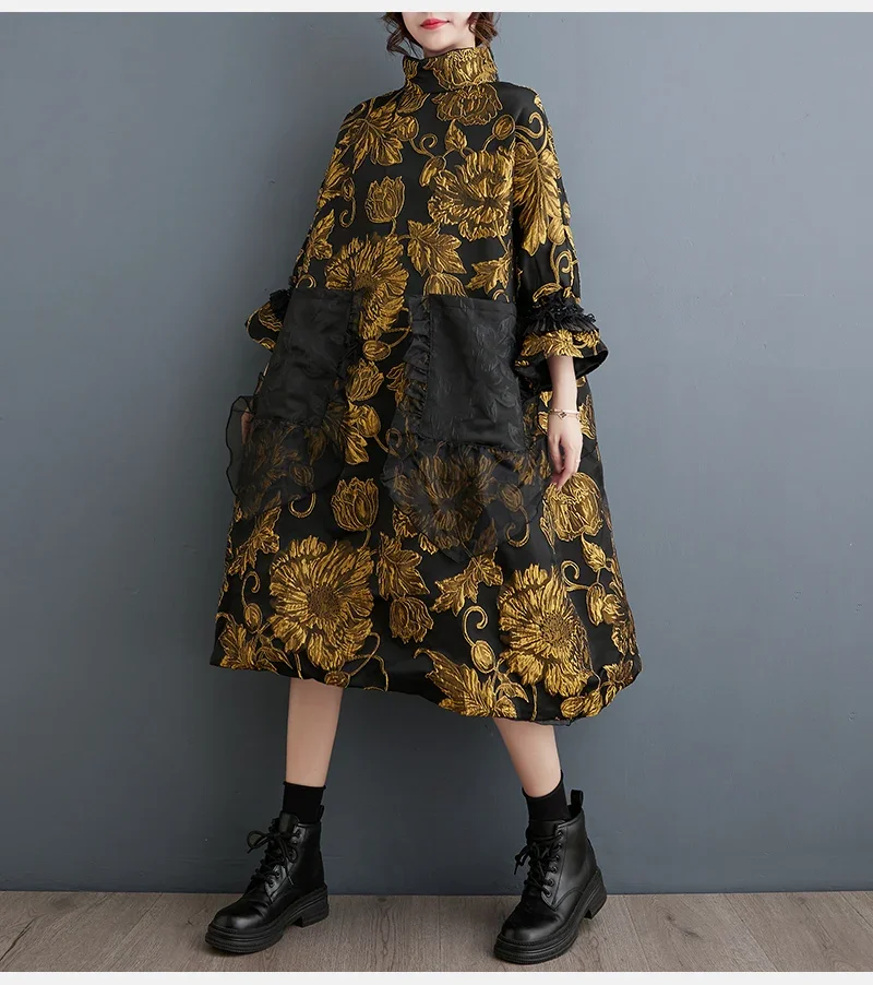 

Oversized Autumn Winter Midi Dress Women Patchwork Fashion Chinese Style Flower Ladies Dresses Pleated Loose Woman Dress 2024