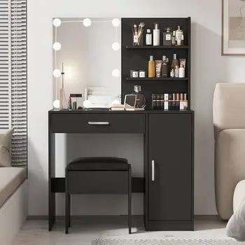 Makeup Vanity with Lighted Mirror, Desk Drawer and Storage Cabinet, Dresser Mirror Dressing Table for Bedroom, Bathroom, Black 1