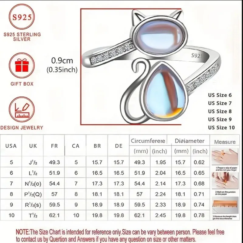 Cute Cartoon Design Cat-Shaped Imitation Moonstone Ring for Women Tiny Cat Adjustable Rings Daily Jewelry Gifts