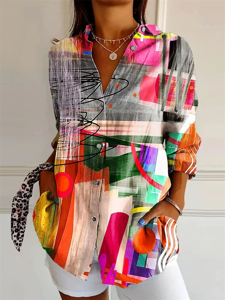 Nuova camicia primaverile e autunnale da donna con risvolto stampato camicia da donna con bevande camicia retrò camicia con bottoni larghi top alla moda 4