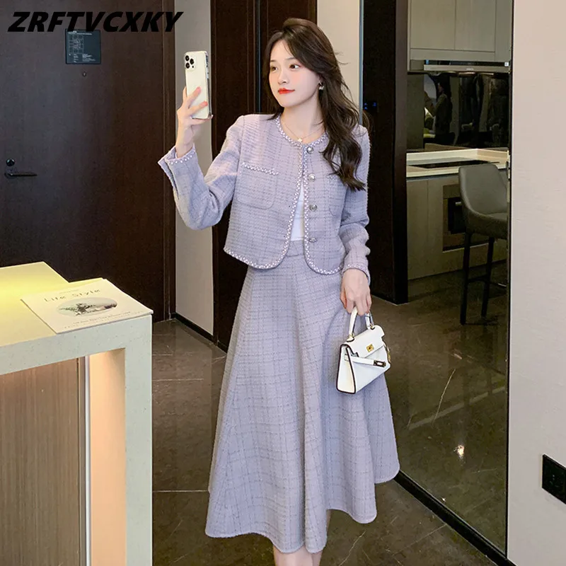 

New Elegant Autumn Winter Tweed 2 Piece Set Women Vintage Blend Wool Short Coat + High Waist Big Swing Long Skirts Suit