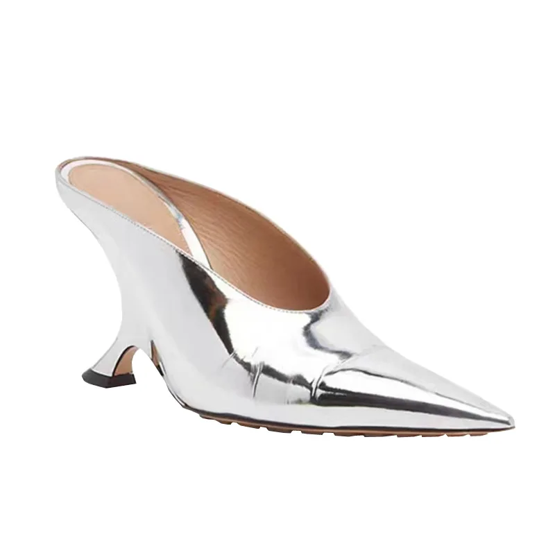 Slope Heeled Slippers for Women To Wear for Spring/summer New Silver Pointed High Heels Sandals with A Toe Wrapped Half Trailer