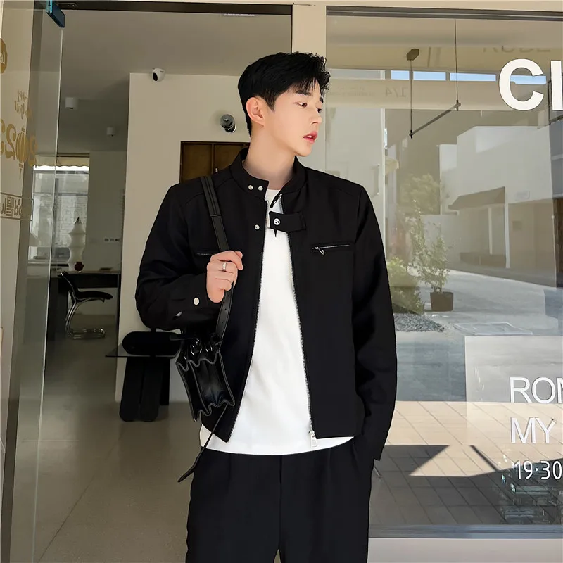 New Trend Men Jackets Solid Color Stand Collar Zipper Streetwear Long Sleeve Slim Crop Coat Fashion Casual Male Outerwear