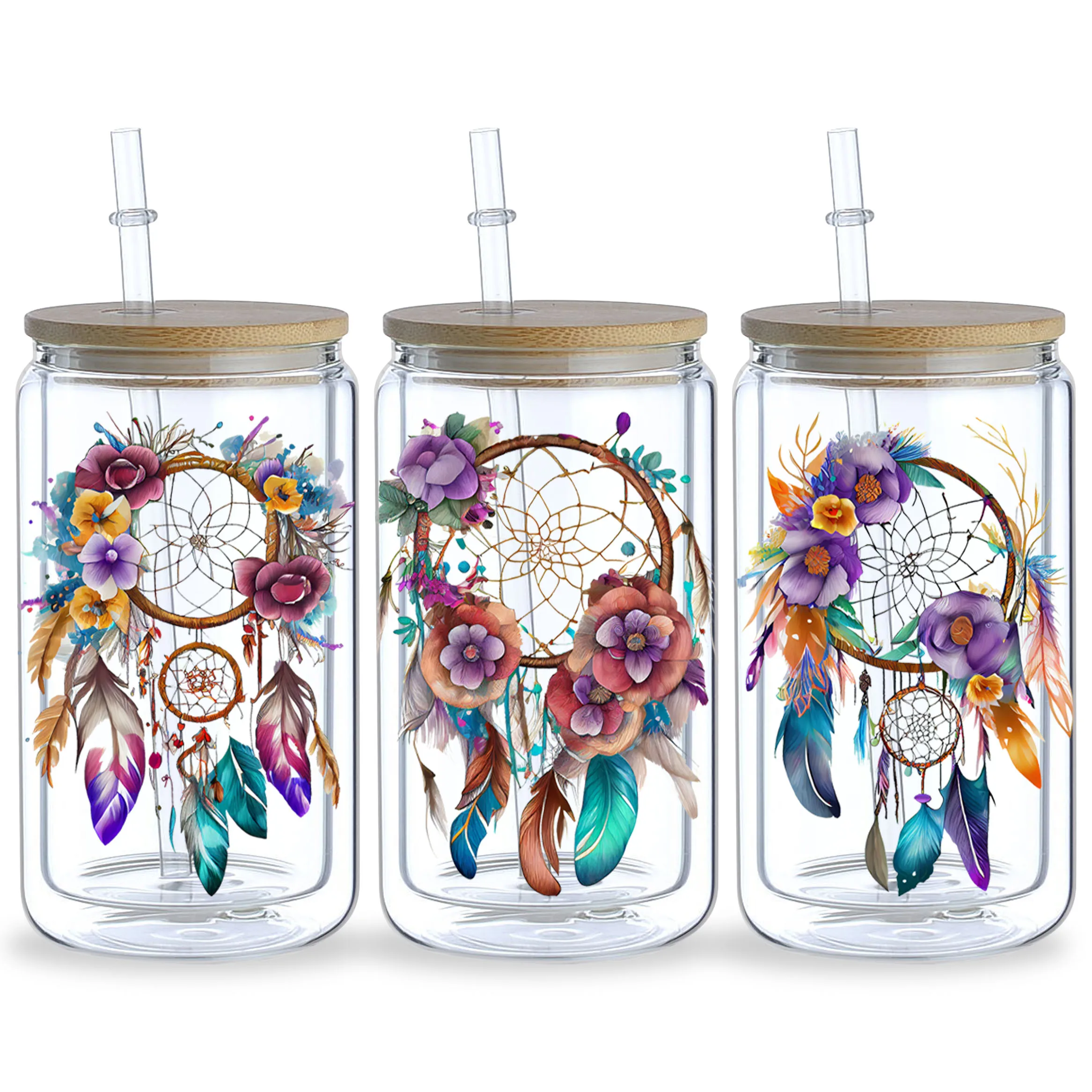 5 sheets Feathers Bohemian Dream Catcher UV DTF Cup Stickers,DTF Transfer Stickers,Wipe-On Transfer Film for 16 oz Glass, Mugs,