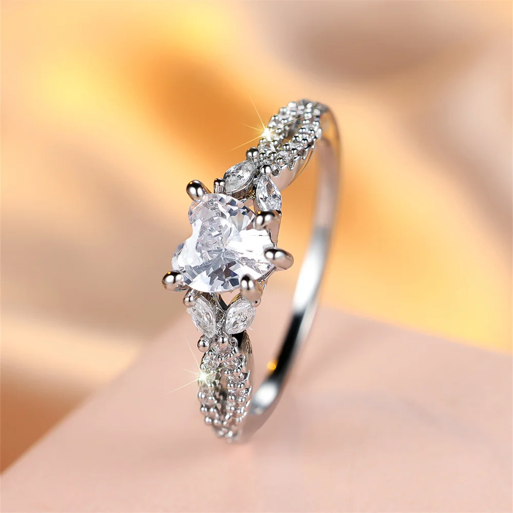 White Zircon Small Heart Stone Rings For Women Classic Silver Color Wedding Band Engagement Jewelry Accessory Mother's Day Gifts