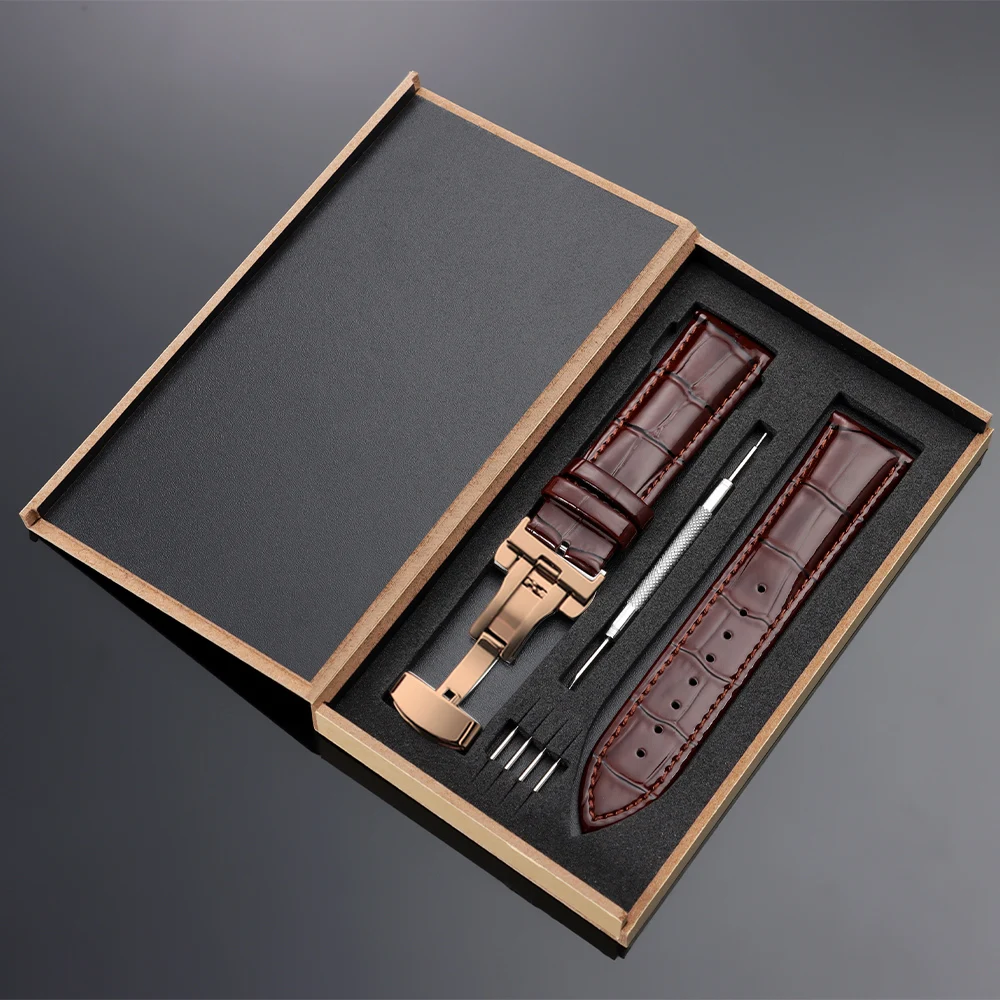 Vintage Leather Watch Band with Wooden Box and Butterfly Clasp
