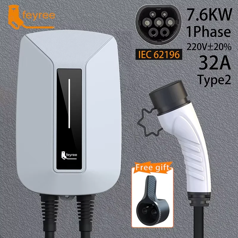 Feyree EV Charger Type2 Plug EVSE Wallbox 32A 7KW IEC62196-2 Socket 1 Phase 5m Cable Wallmount Charging Station for Electric Car