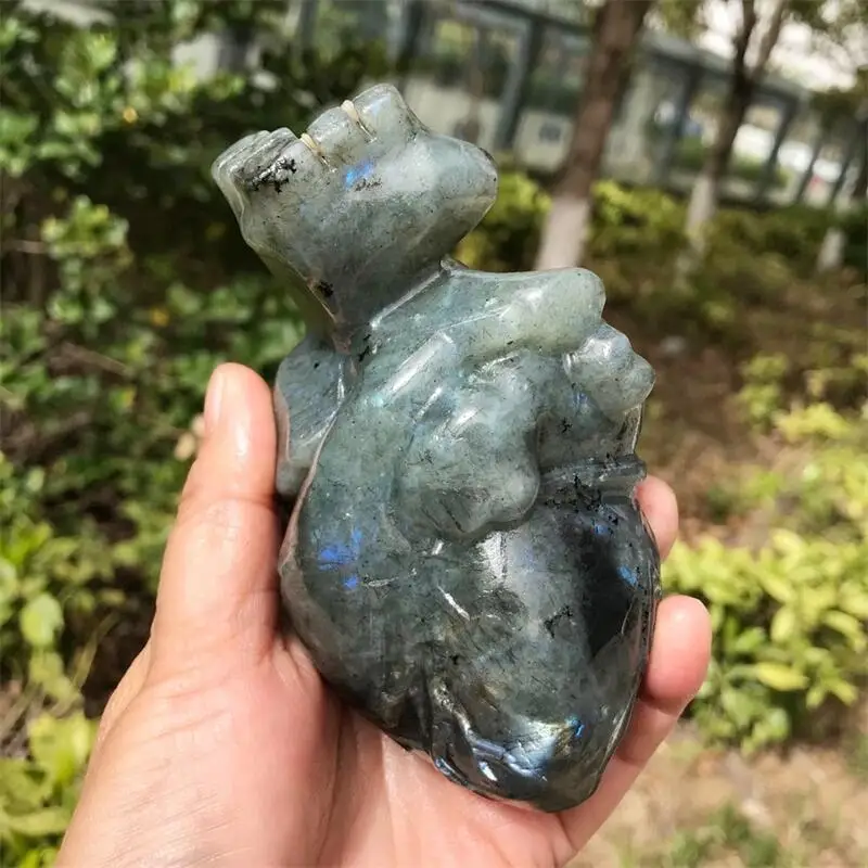 

12CM Natural Labradorite Heart Carved Crystal Figurine Feng Shui Crafts Healing Artware Home Decorate Gift 1PCS