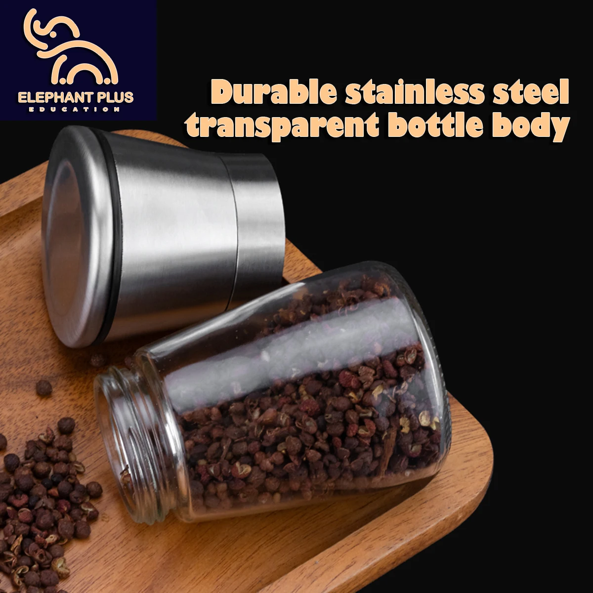 Kitchen Grinder 304 Stainless Steel - for Pepper, Sea Salt & Spices, Adjustable Coarse to Fine, Refillable with Glass Jar
