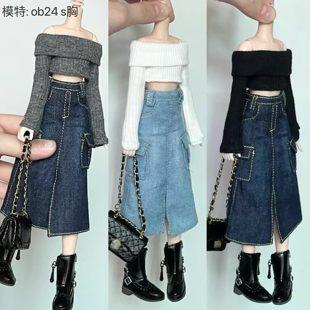 New Handmade Blythe Doll Clothes Off Shoulder Sweater Knit Tops and Split Denim Long Skirt Mini Dress for Blyth OB24 1/6 Dolls