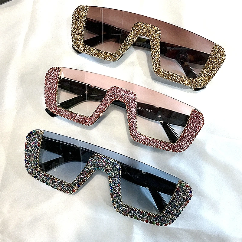 

Ladies Oversized Rhinestone Sunglasses Men Half Frame Eyeglasses for Female Square Luxury Sunglasses Women