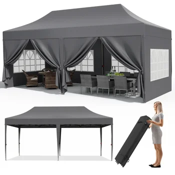 Gazebo popup Pavilion 3x6m Gazebo pieghevole impermeabile Tenda per feste 6 pannelli laterali Completamente chiuso UV 50+ Altezza regolabile 2-3M 1