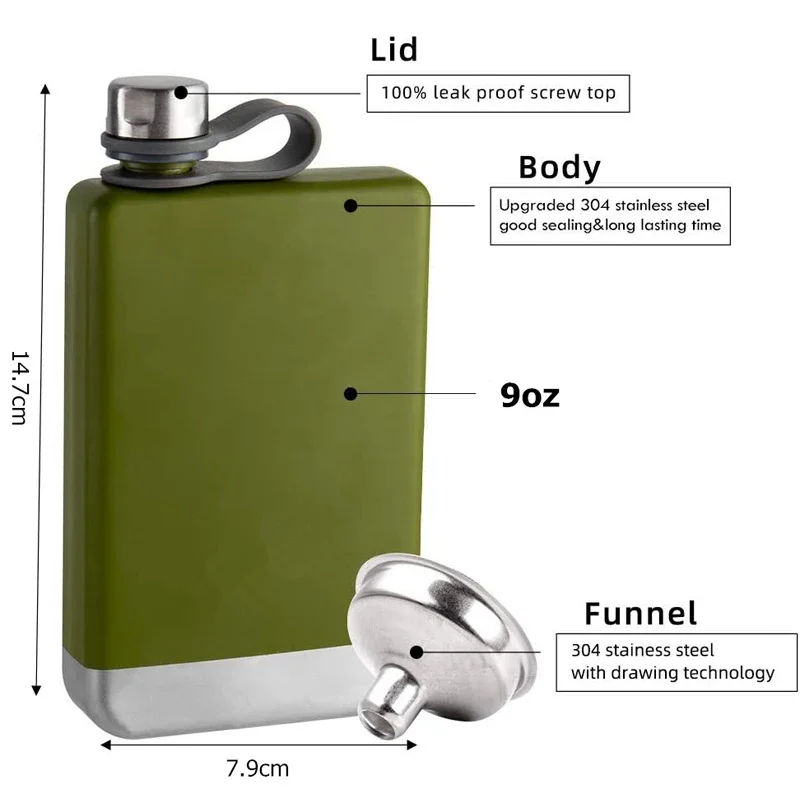 9oz Premium Hip Flask Flagon With Funnel Leakproof Camping Whiskey Wine Pot Portable Stainless Steel Hip Flask Travel Drinkware