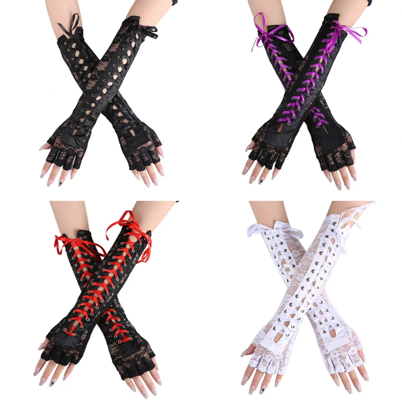 

Women Sexy Floral Lace Elbow Length Half-Finger Gloves Black String Ribbon Ties Up Dance Party Fingerless Fishnet Mesh Mittens