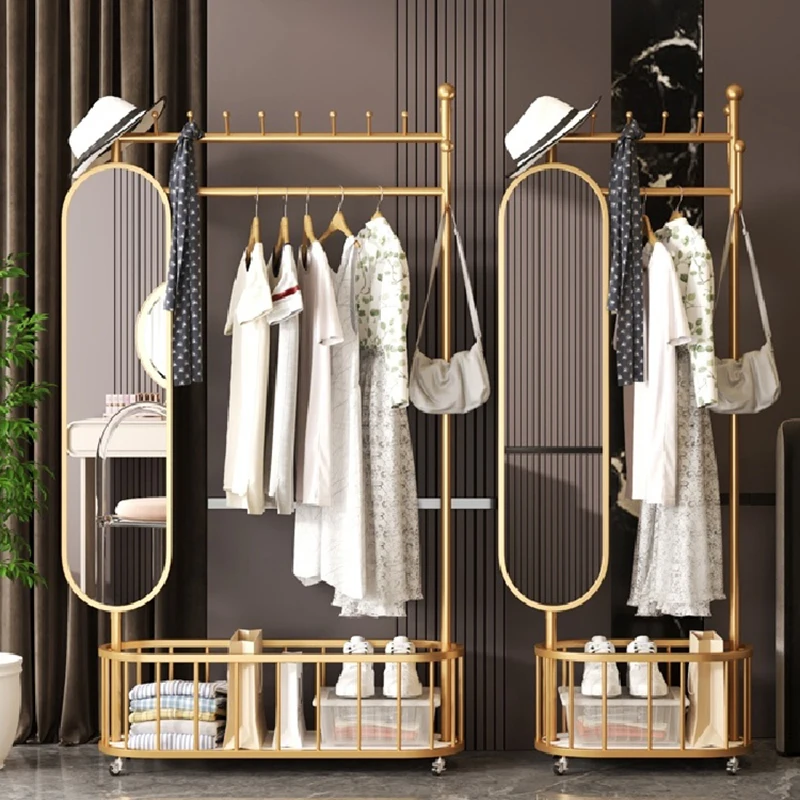 

Metal Wardrobes Coat Racks Mirror Display Moving Floor Garment Coat Racks Open Nordic Hotel Clothes Perchero Home Furniture